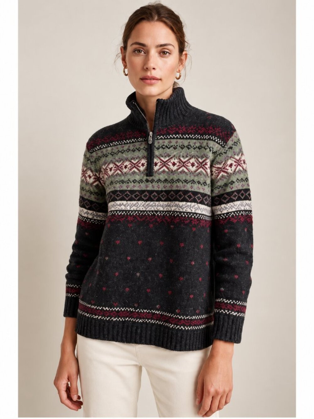 Vintage Lauren Ralph Lauren Petite Hand Knit Fair Isle Quarter Zip Sweater SP